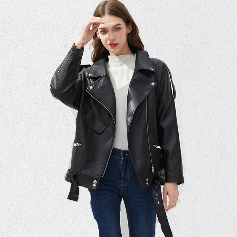 

Spring PU Faux Leather Jacket Women Loose Casual Biker Jackets Sashes Female Black Outwear Street Wear Hot Fashion New Nice