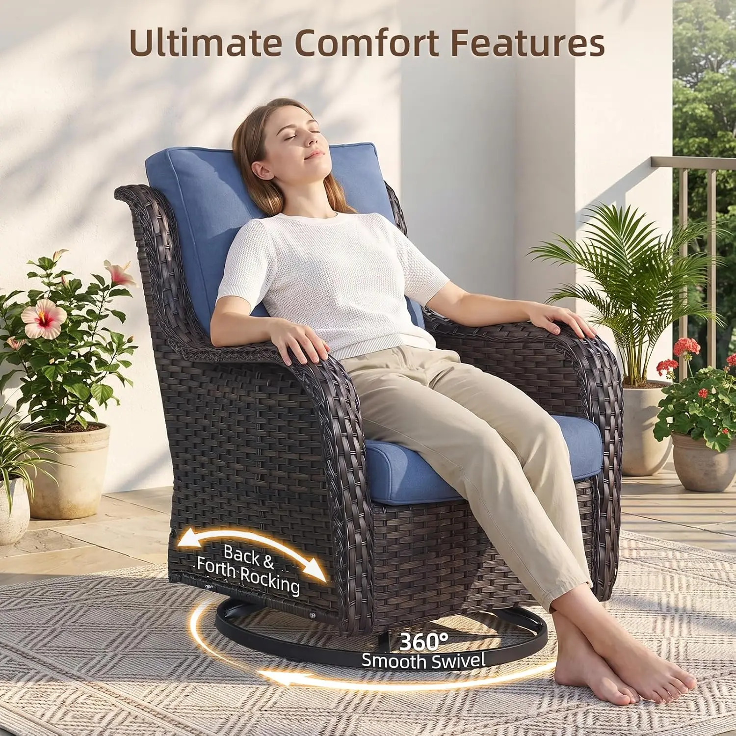 Outdoor Wicker Swivel Rocker Chairs Set Of 3 Blue Cushions, Customized