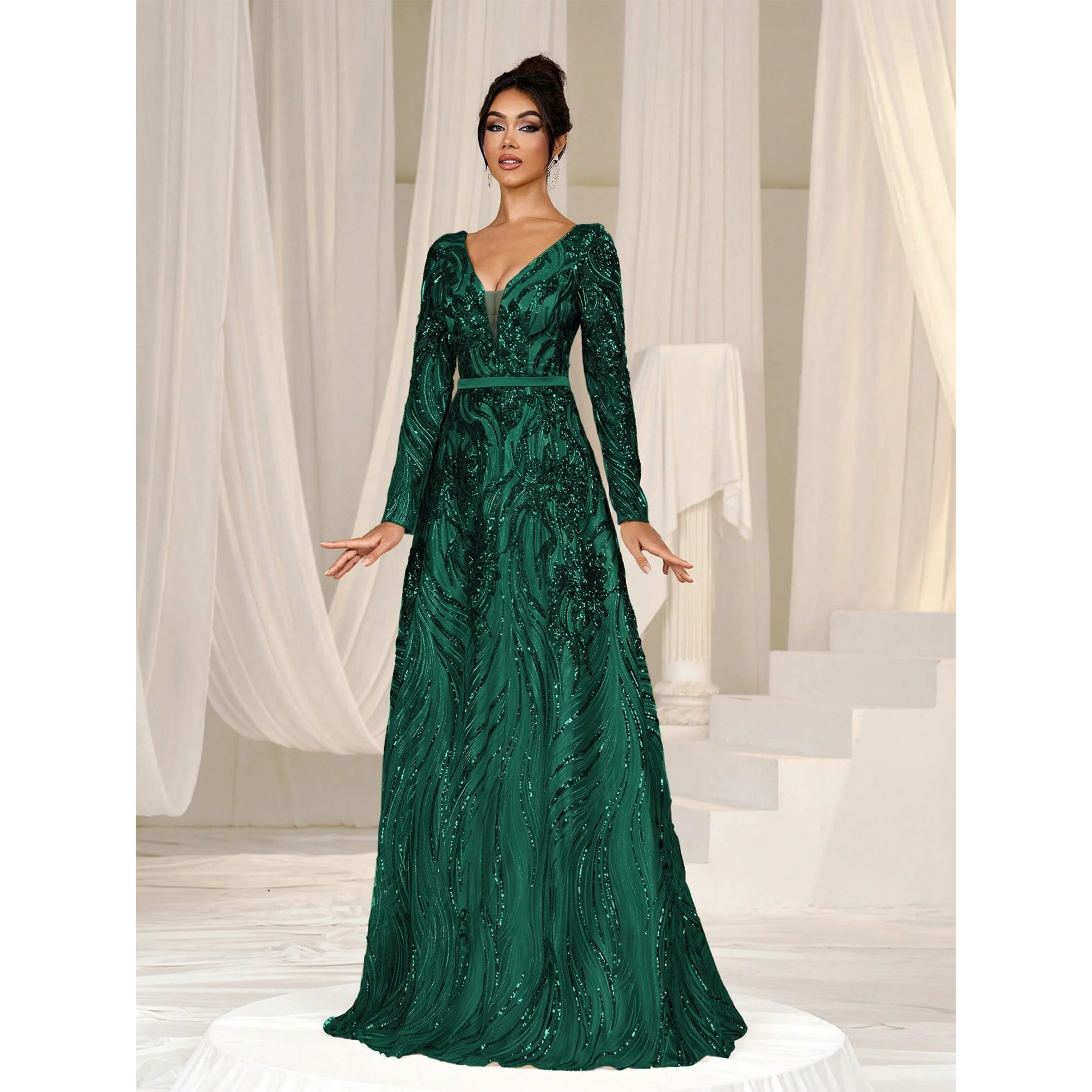 

Plunging Neck Back Lace Up Formal Sequin Prom Dress