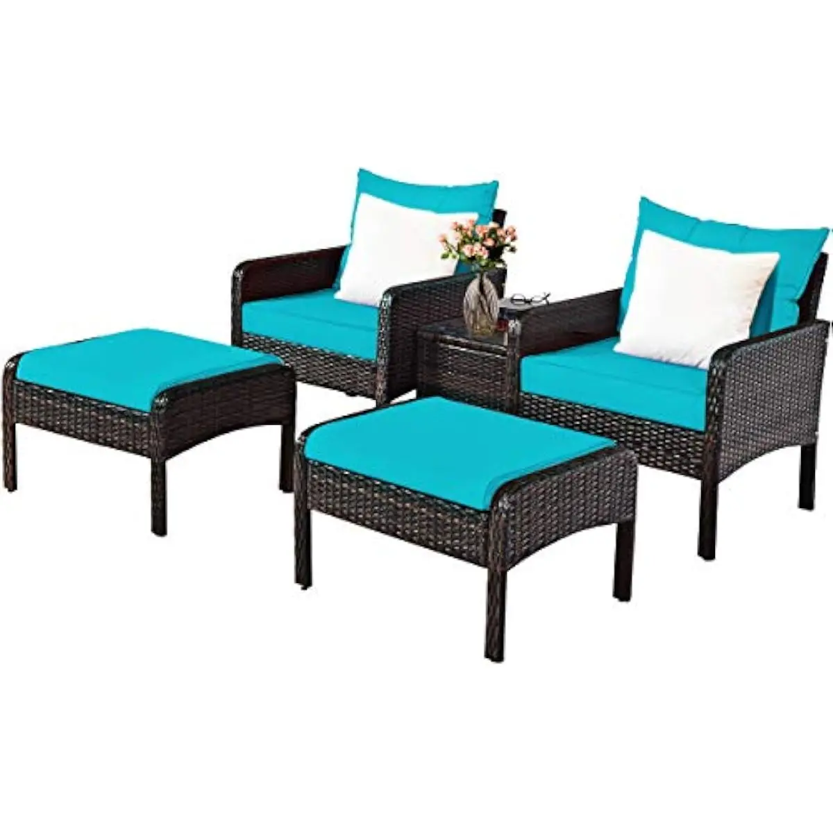 5-piece modern outdoor seating ensemble featuring PE rattan sofas ottoman and square glass-top side table in turquoise hue engin