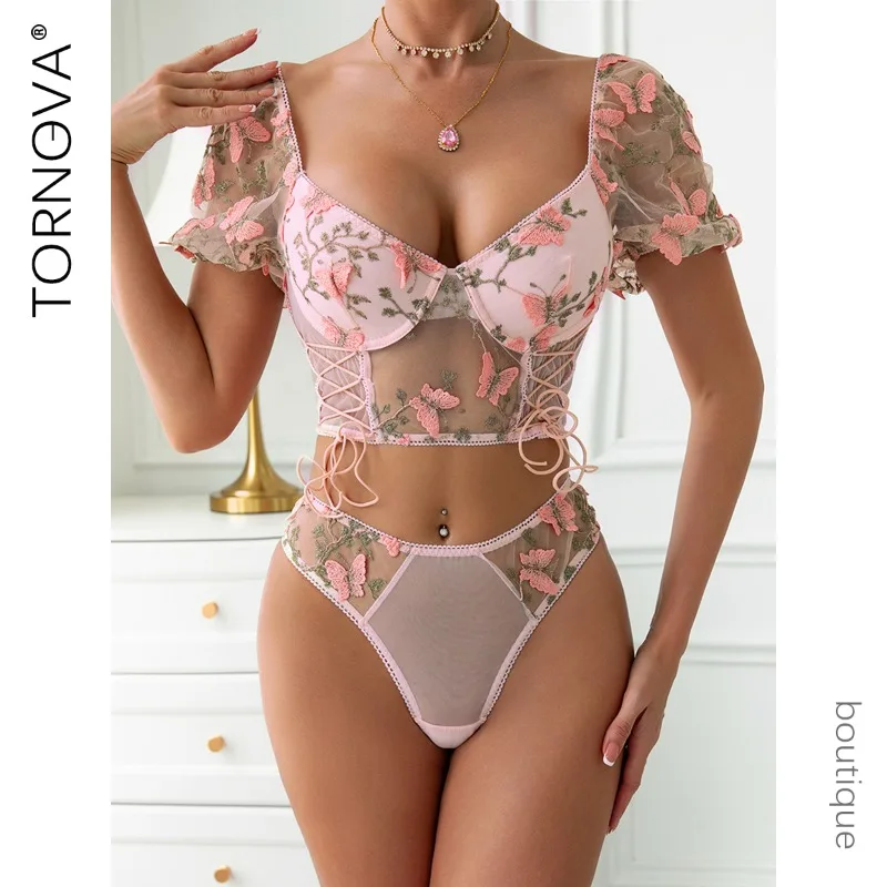 

Tornova Women Embroidery Bow Knot Sexy Interesting Puff Sleeves Underwear Panty Backless See-through Lace Sexy Underwear Set