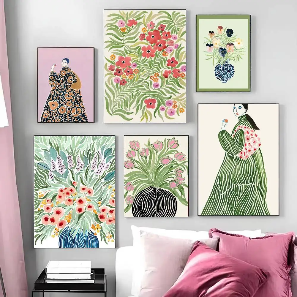 Tulip Violets Vase Woman Poster Art Sticky Wall Waterproof Home Living Room Bedroom Bar Aesthetic Decoration