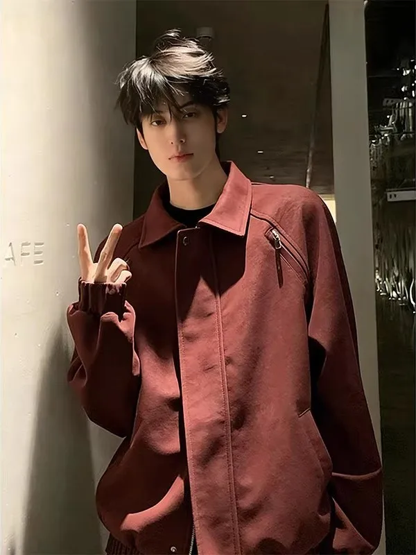 

Red American High Street ort Leather Jaet Men's Sle Spring Cool Zipper Design Motorcycle Jaet Casual Faion