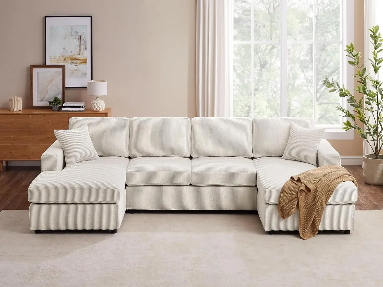 

118'' U Shaped Sectional |Sofa Couch, Corduroy Fabric Modern Cozy| Jumbo Size 4-Seater Sofa, Double Chaise Longue, Beige