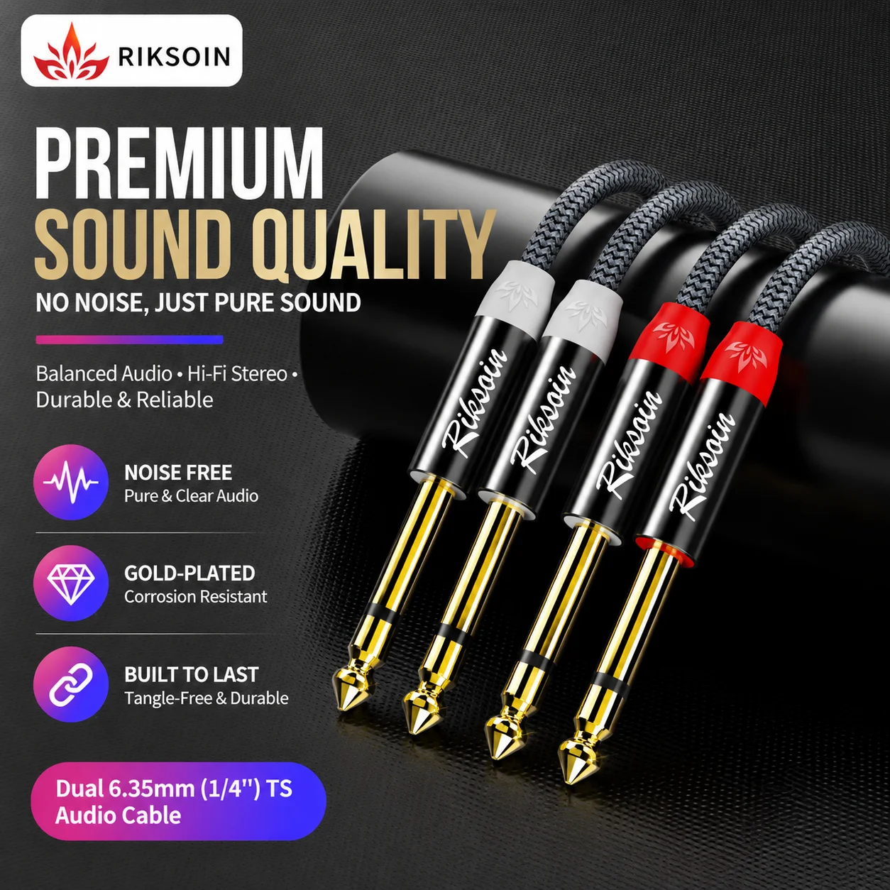 Riksoin Dual 6.35mm to Dual 6.35mm Audio Cable, 1/4 Inch TS Male to Male Cord for Mixer, Amplifier, Speaker, Guitar and Studio