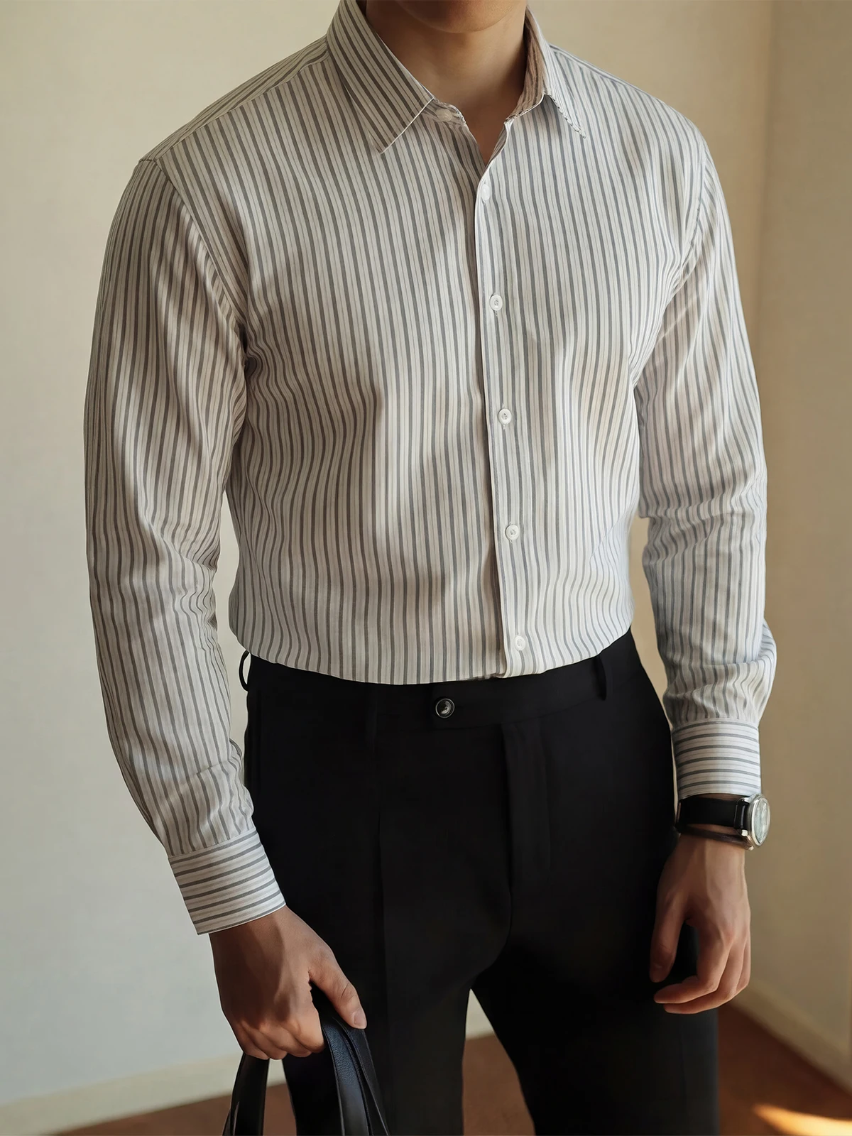 

Casual American Busin Striped Long Sve Pure Cotton irt Men Spring Iron Free Formal irt Loose Fit Youth Trend