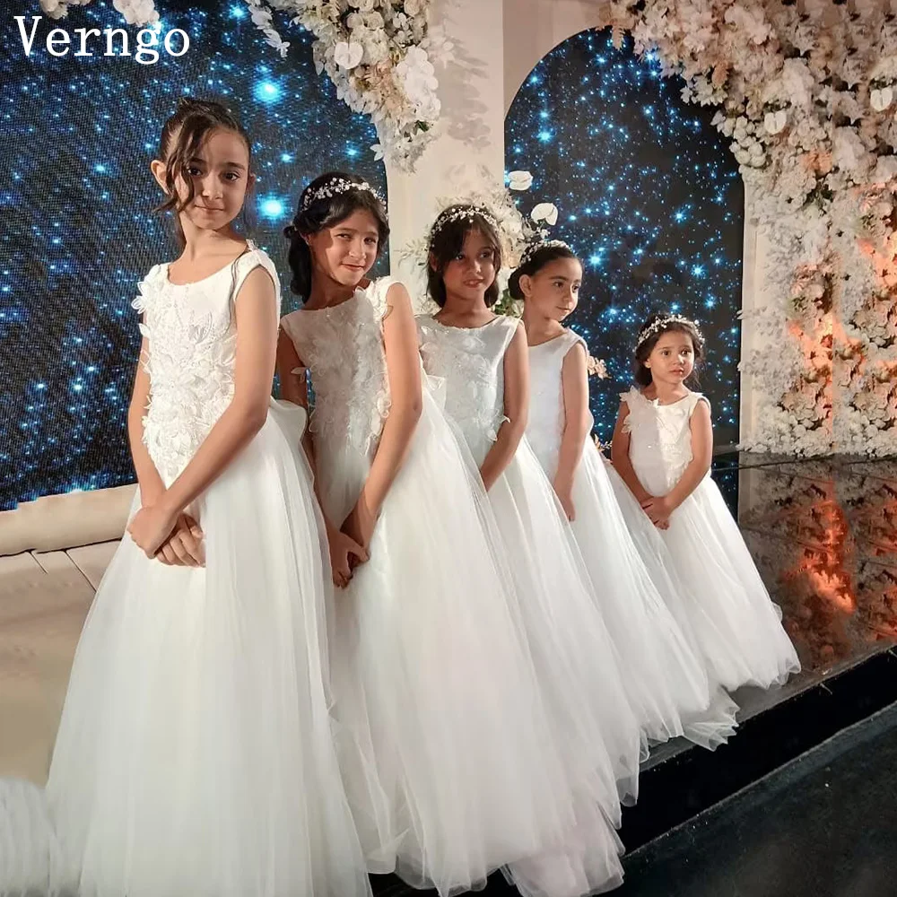 

Verngo lvory Tulle Appliques Girl Flowers Dress Princess O Neck Sleeveless A Line Seap Train Wedding Party Dress Kid Customized