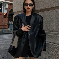 PU Leather Suit Jacket Women's 2024 Autumn and Winter New High Texture Loose Small Suit Jacket
