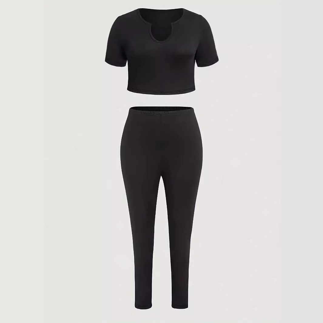 Conjunto de calças bodycon e blusa sexy preta do clube feminino, camiseta de manga curta, camisetas e legging, roupas finas, roupa Y2K, 2 peças