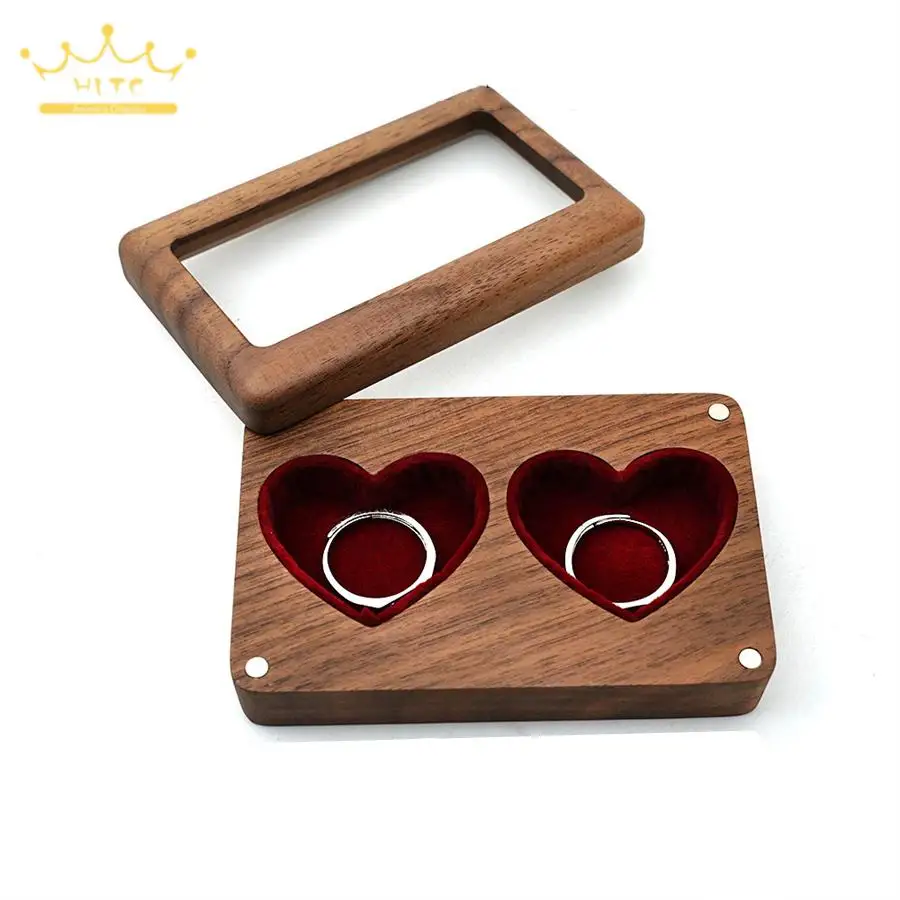 Wooden Double Ring Box with Lid Heart Shape Love Shaped Couple Ring Box Wedding Festival Party Gift Packaging Case