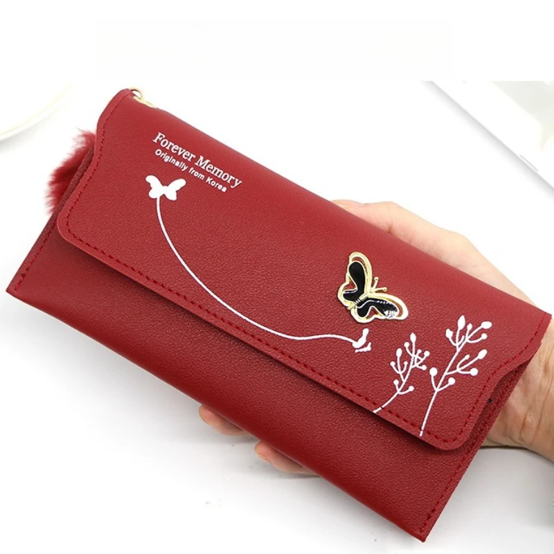 

2026 Модные женские длинные кошельки с рисунком бабочки, шерстяной клатч с бантом, женские длинные сумки, однотонная сумка для карт, кошелек для монет