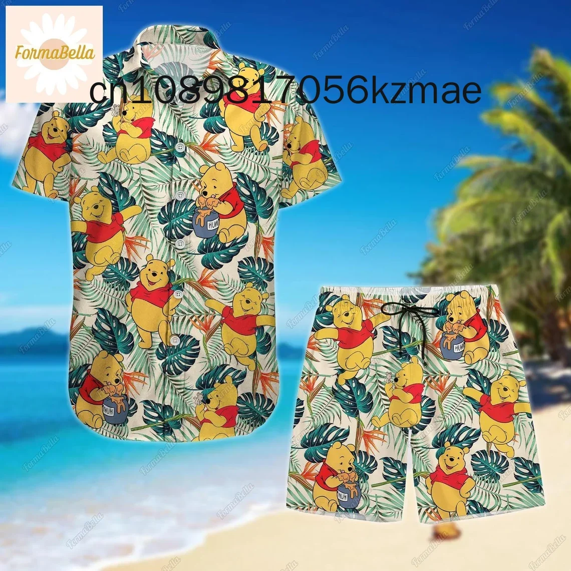 2024 Winnie The Pooh Hawaiian Shirt Shorts Set Casual Beach Vacation Short Sleeve Set Disney Beach Shorts Retro Button Shirt