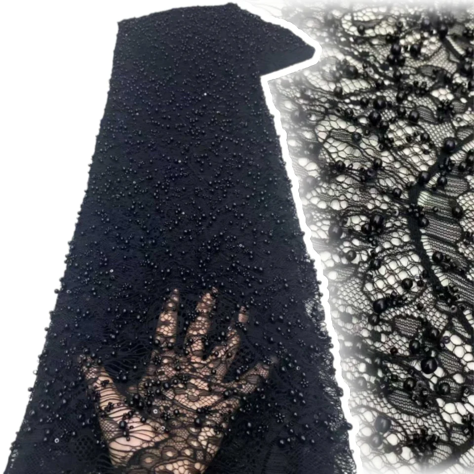

2026 Black 5Y Luxury French African Handmade Little Pearl Tulle Lace Sequins Mesh Lace Nigeria Fabric for Wedding Dresses 1954