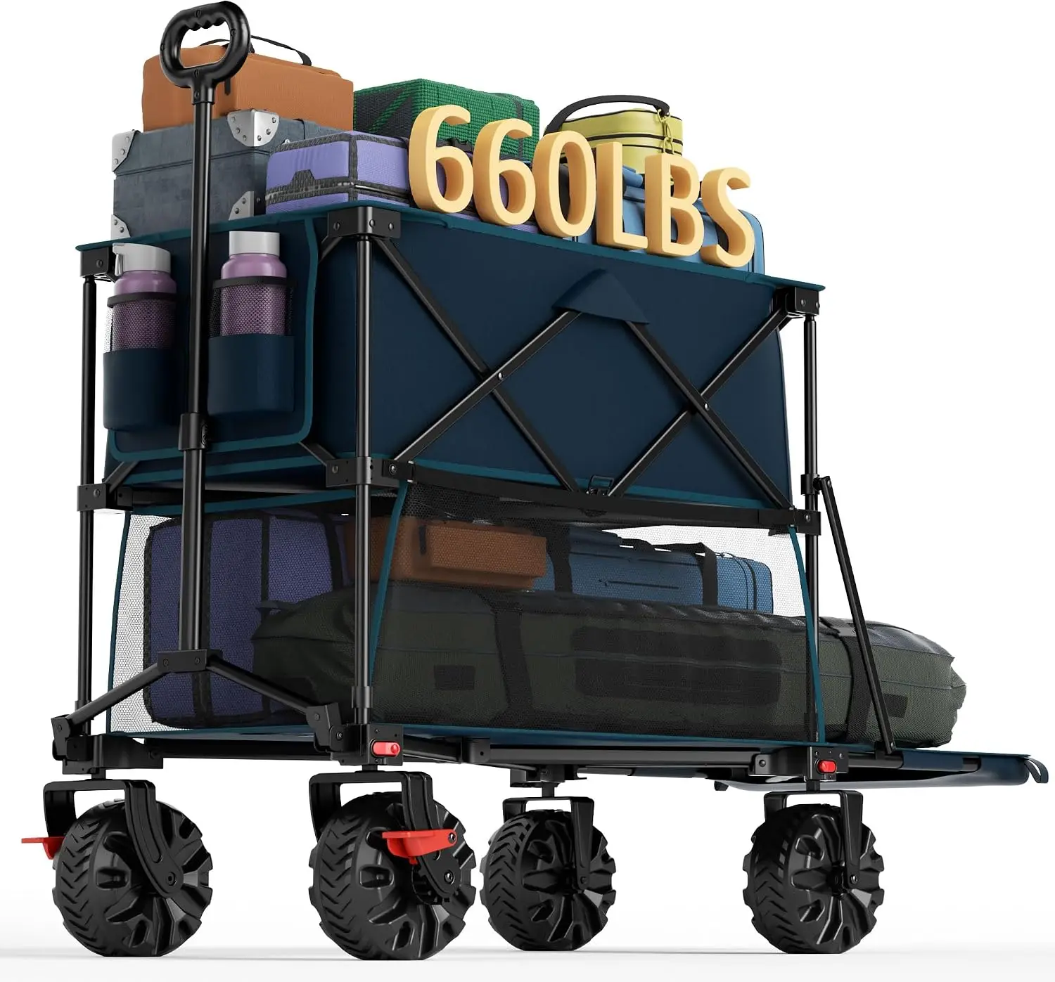 400L Double Decker Wagon with Brakes, Heavy Duty Collapsible Cart | 660lb Foldable Utility Wagon Cart, 660lb All-Terrain Big