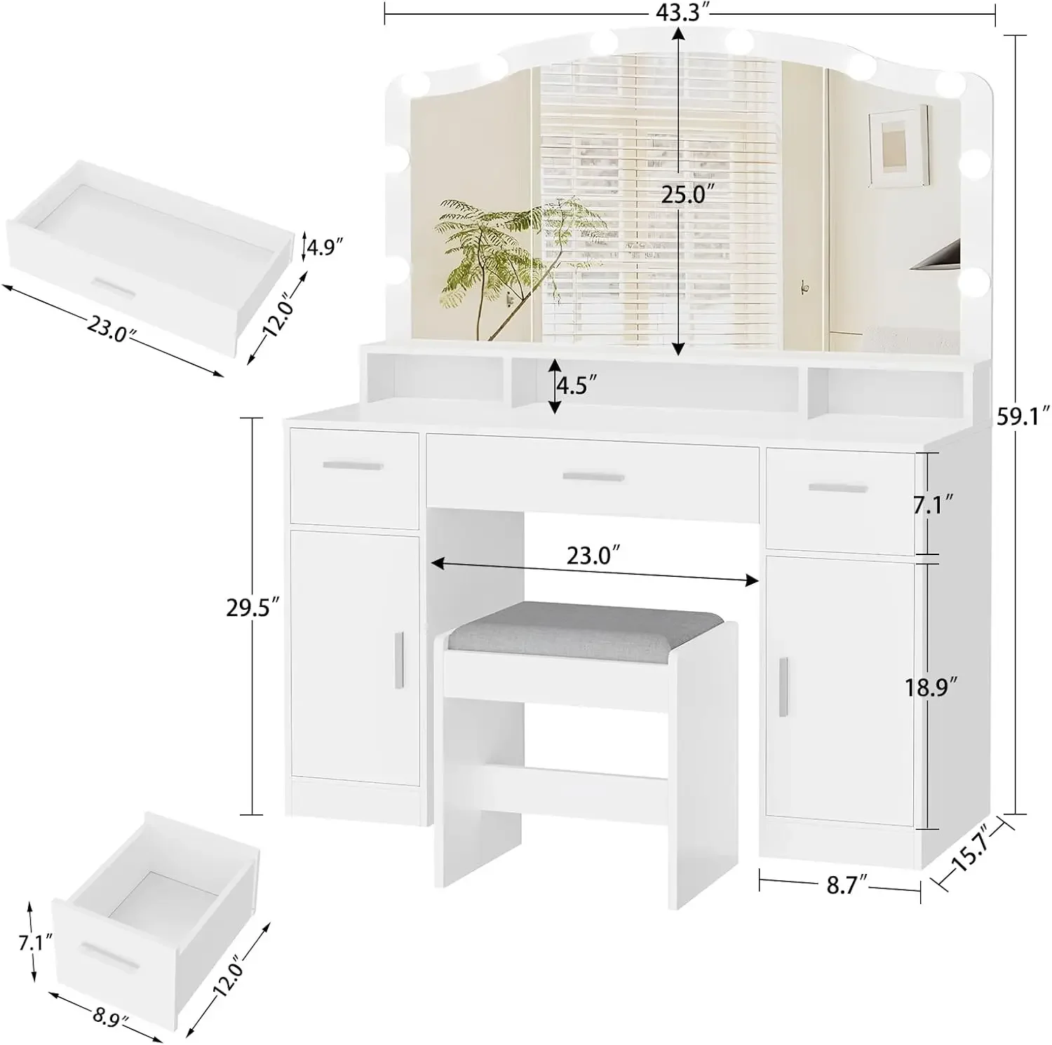 NEWMakeup Vanity with Lights, Vanity Desk, Makeup Vanity Table with 3 Drawers, 2 Cabinets &Long Storage Shelf, 10 Led Lights image 5