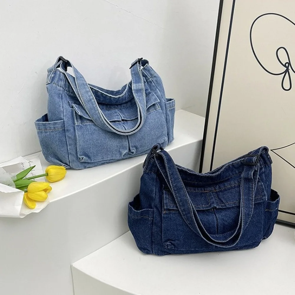 

Vintage Canvas Denim Messenger Bag Multiple Pockets Blue Commuting Shoulder Pouch Harajuku Large Capacity Underarm Bag Women