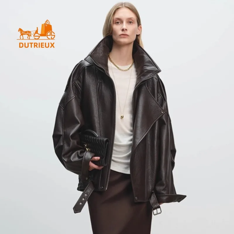 Giacca invernale in pelle con colletto a doppio strato in pelle di agnello da donna, cappotto in pelle confortevole con temperamento resistente al 100% vera pelle di pecora,