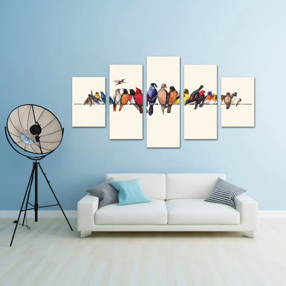 5 Panels Colorful Wall Decor Bird on Branch Painting Pictures Framed Birds Farm Tree