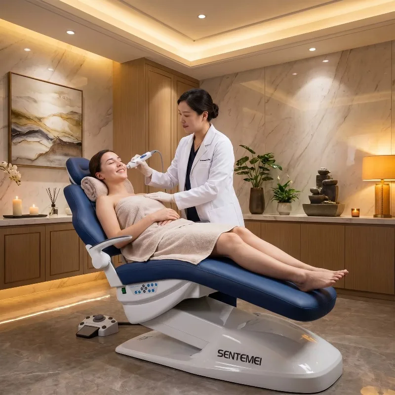 Premium Chair Beauty Salon Chair Electric Lifting Mechanism Massage Bed Contoured Blue Upholstery Facial Spa Chair