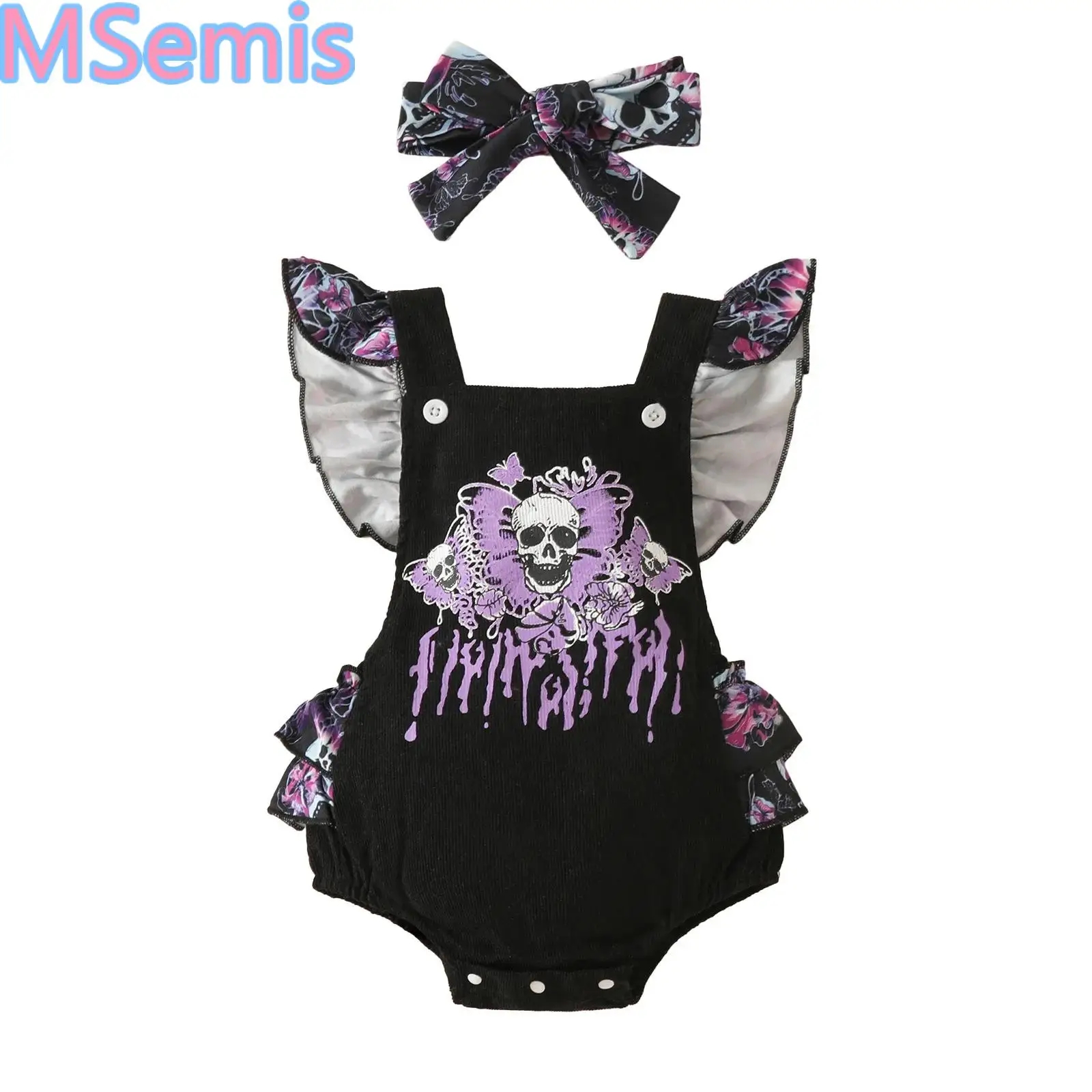 

Halloween Skull Butterfly Infant Baby Girls Bodysuit Romper Cute Flying Sleeve Ruffle Cosplay Party Jumpsuit Clothes 0-18M