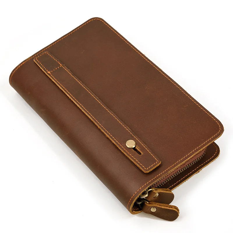 

Hot Sale New Vintage Crazy Horse Cowhide Leather Men Clutch Bag Long Genuine Wallets Double Layer Business