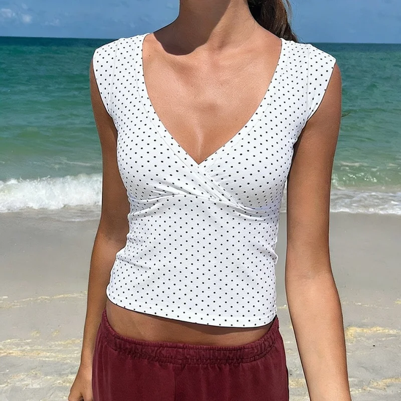 Women Y2K Polka Dot Cap Sleeve Crop Tops Vintage Wrap V Neck Tank Shirts Cute Summer Going Out Tops for Teens Girls