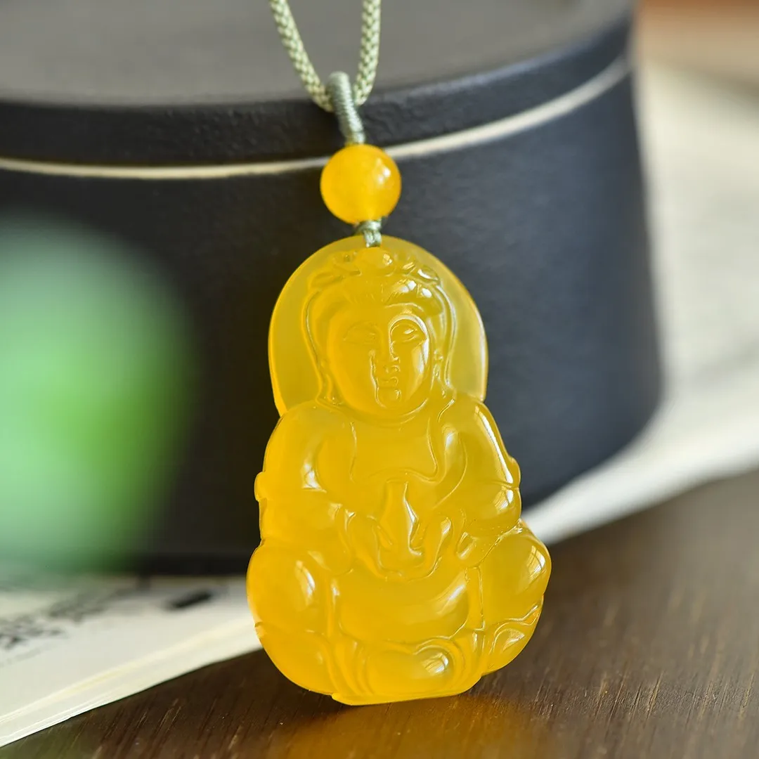 Natural Yellow Jade Guanyin Pendant Necklace Men Women Fine Jewelry Myanmar Jadeite Grade A Burma Jade Guan Yin Charms Amulets