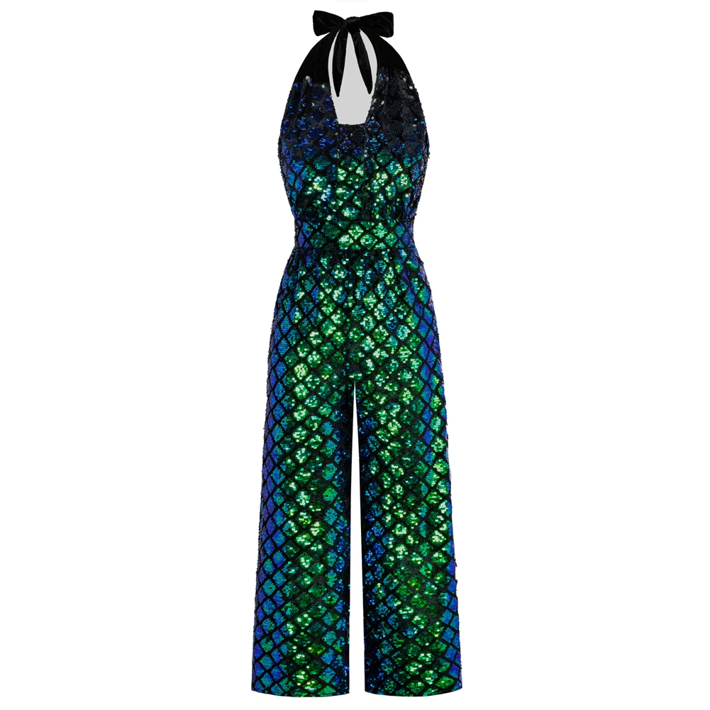 Bp Dames Jumpsuit Met Lovertjes Sprankelende Taille Rugloze Halternek Sexy Cocktail Mode Danskleding Feest Glanzende Jumpsuit