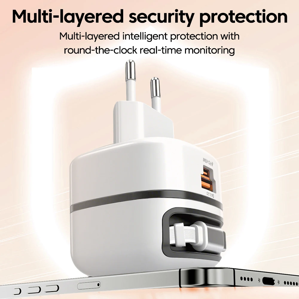 شاحن سريع بقدرة 65 وات، شاحن هاتف USB من النوع C مع كابل قابل للسحب من النوع C، شحن سريع لهاتف iPhone 16 Samsung Xiaomi Huawei #5