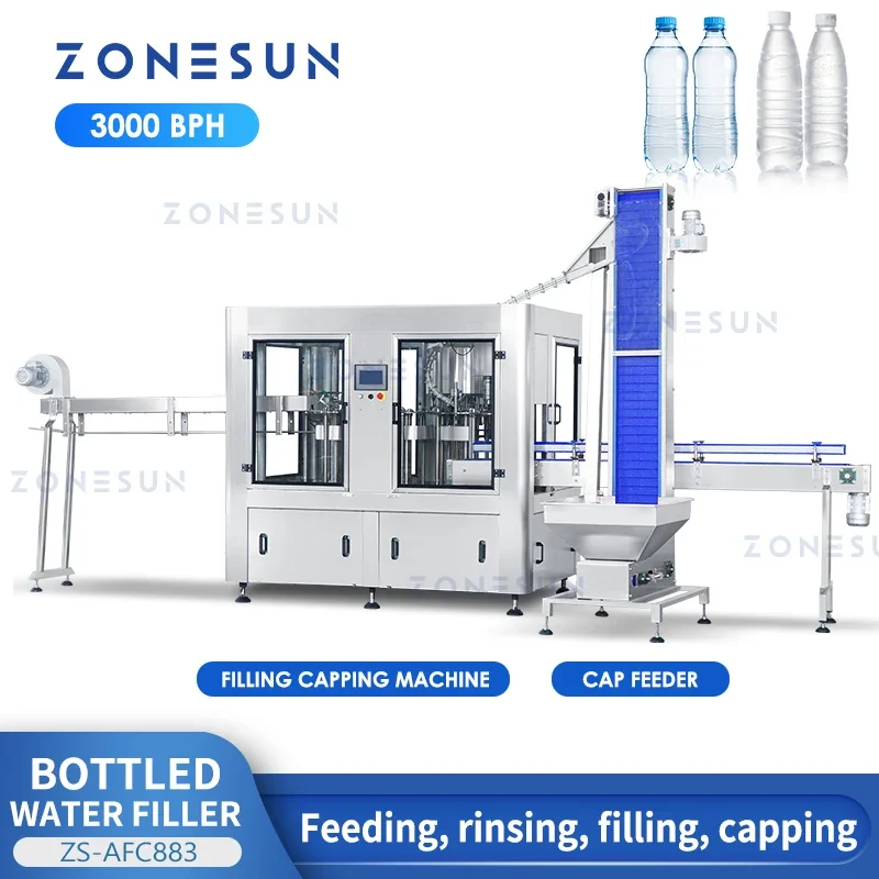 ZONESUN خط إنتاج المياه المعدنية الأوتوماتيكي 3 في 1 PET زجاجة المشروبات السائلة شطف ملء آلة السد ZS-AFC883