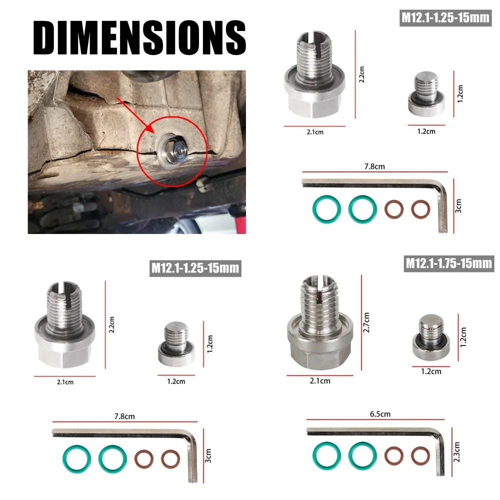 M12.1-1.75x 15mm Oil Drain Plug Oversize Piggyback Stainless Steel Self Tapping Oil Pan Thread Repair Kit W/O-Ring Wrench 