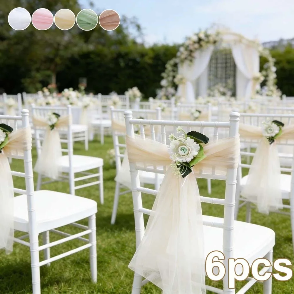 6Pcs Set 75x150cm Wedding Chair Sashes Gauze Chair Back Veil Decor Ribbon Aisle Party Event Decoration Cover Ceinture De Chaise