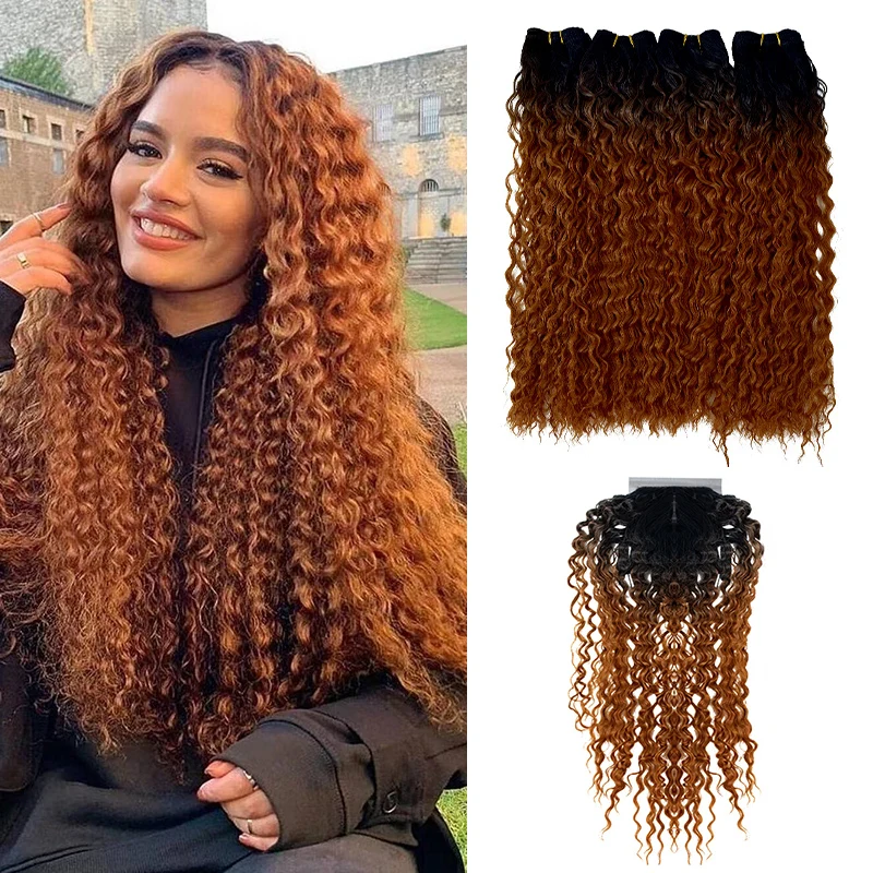 

Afro Kinky Curly Hair Bundles With 4x4 Closure Water Wave Synthetic Hair Weave With Closure Brown Blonde Hair Extensions