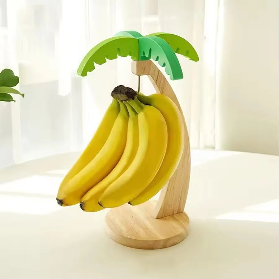 Hängendes Bananenregal aus Holz, Küchenregal mit simulierten Blättern, dekoratives vertikales Obst-Aufbewahrungsregal mit Haken, Küchendekoration