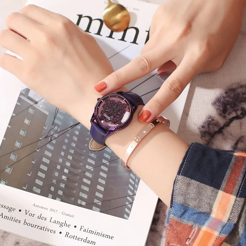 Women'S Fashionable And Trendy European And American Style Rotating Dial Quartz Watch With Leather Strap - New Arrival