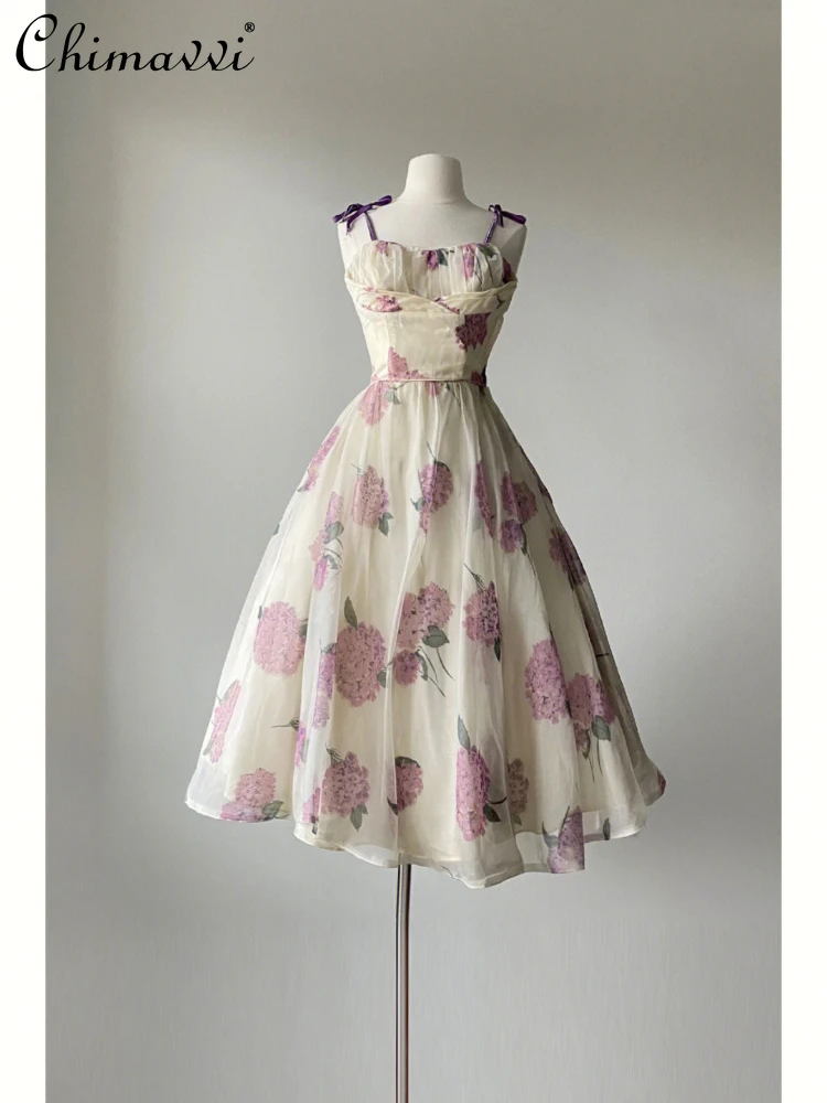 

French Fairy Style Flower Print Square Collar Sleeveless Lace-up High Waist A- line Princess Beach Dress for Women 2024 Summer