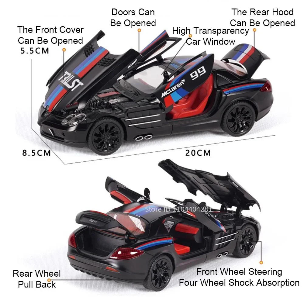Modelo de Carro Miniatura em Metal Diecast 1:24 Benz SLS com Modificação do Capô do Motor Transparente, Presente de Férias para Meninos
