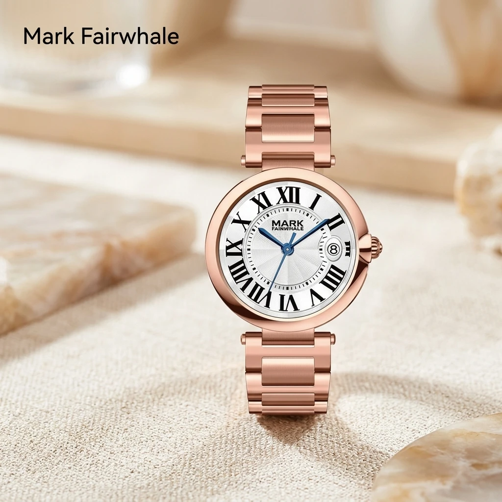 Women Round Quartz Wristwatch Mark Fairwhale Guilloche Roman Dial Calendar Blue Hand Rose Gold Band Ladies Watch