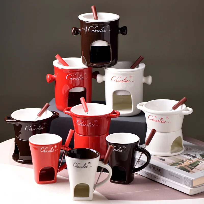 

European Candle Cup Fire Boiler Cheese Cheese Chocolate Melt Ceramic Fondue Cup Heated Food Creative Cutlery With Fork