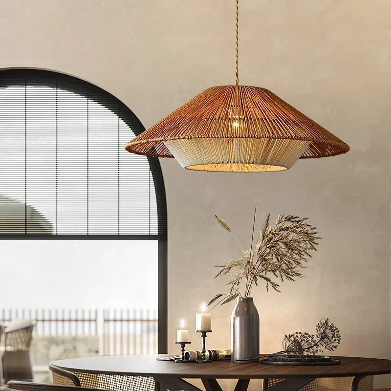 2026 Winfordo Vintage Hemp Rope Hanging Chandelier Light Fixture Rattan Weaving Pendant Lamp For Dining Room Bedroom Home Decor