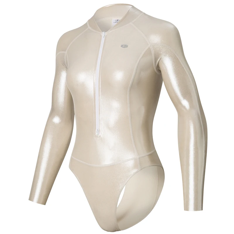 LEOHEX Spandex Damen Glänzende Surf-Trikots mit Reißverschluss vorne, einteilig, langärmelig, Badeanzug, Tauchstrumpfhose, Clubwear, Party
