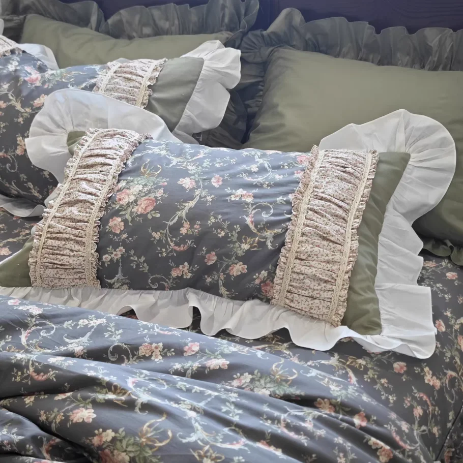 1 Piece Pillow Cover Handmade Princess Floral Cotton Pillowcase Ruffle Lace Trim Shabby Chic Home Bedding Decor Pillow Case