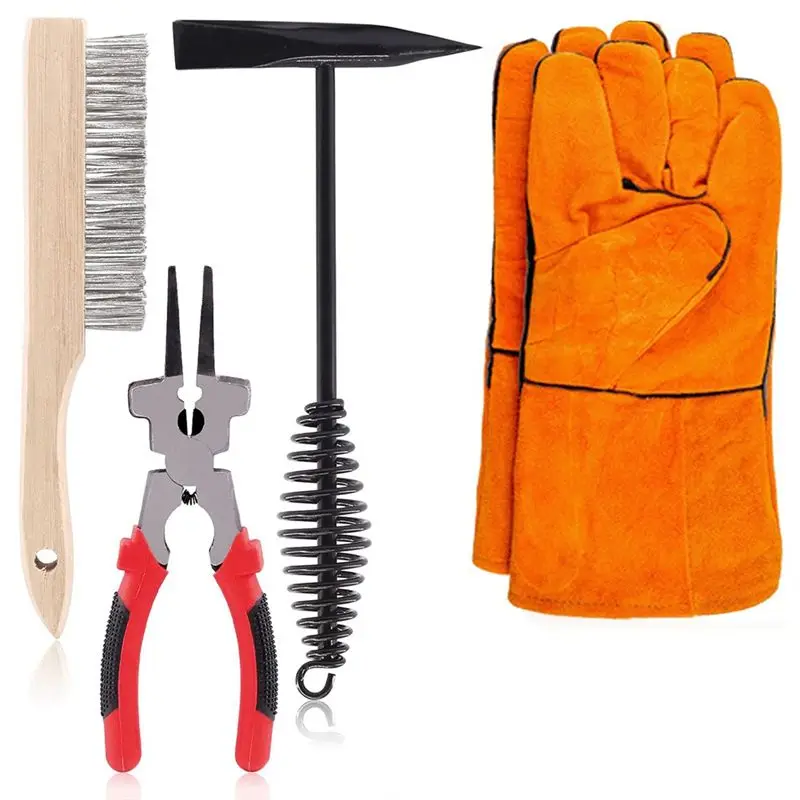 

Набор инструментов для удаления сварочного шлака B52C, 5 шт.: молоток для удаления шлака с пружинной ручкой, проволочная щетка, сварочные клещи, перчатки.