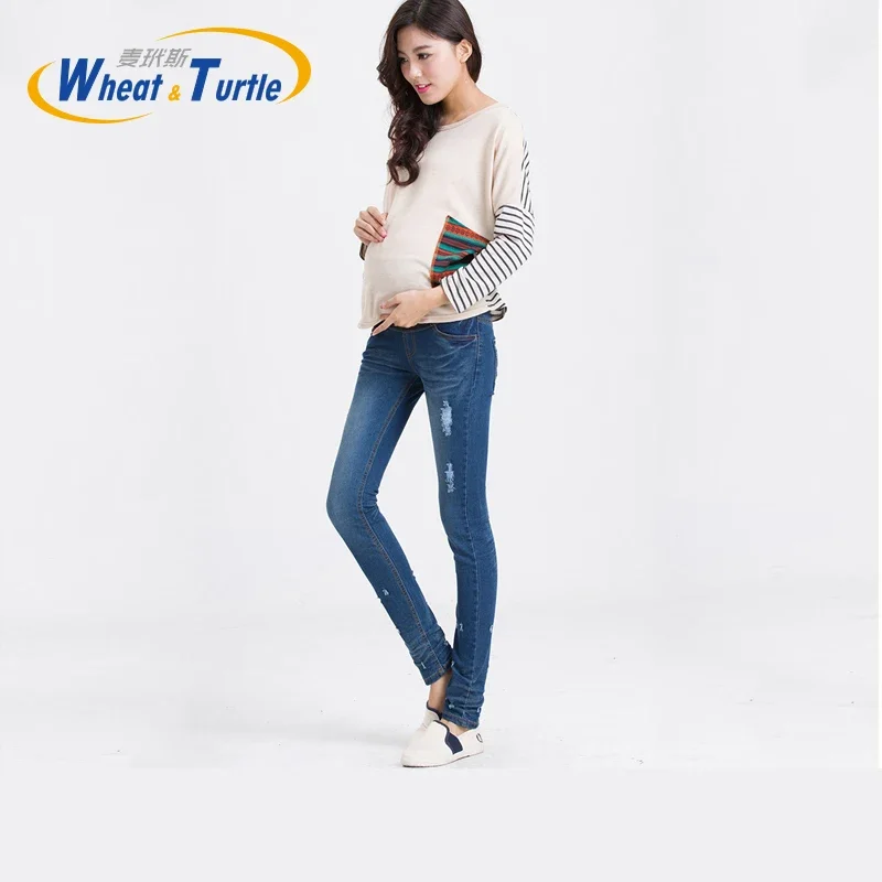 

Pregnancy Abdominal Maternity Hole Pants Cat Scratch Jeans for Pregnant Women Clothes High Waist Trousers Pencil Denim