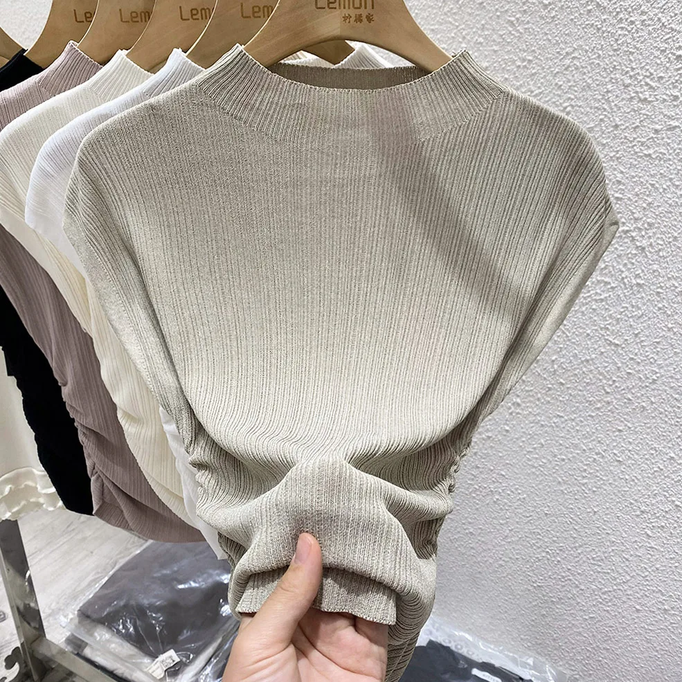 2026 Spring Summer Ice Silk Knit T-Shirt Half High Neck Waist Slimming Unique Design Slim Fit Short Sleeve Inner Tops