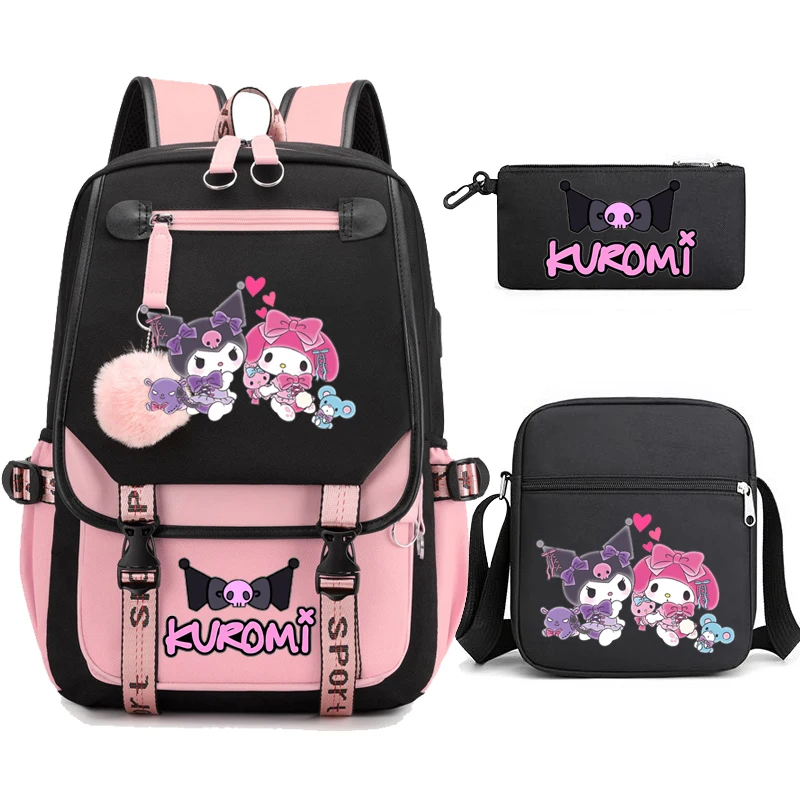 Purple Kuromi Backpacks 3pcs Teens Laptop Bag Travel Backpack for Women Large Capacity Girls USB Mochilas WIth Shoulder Bags