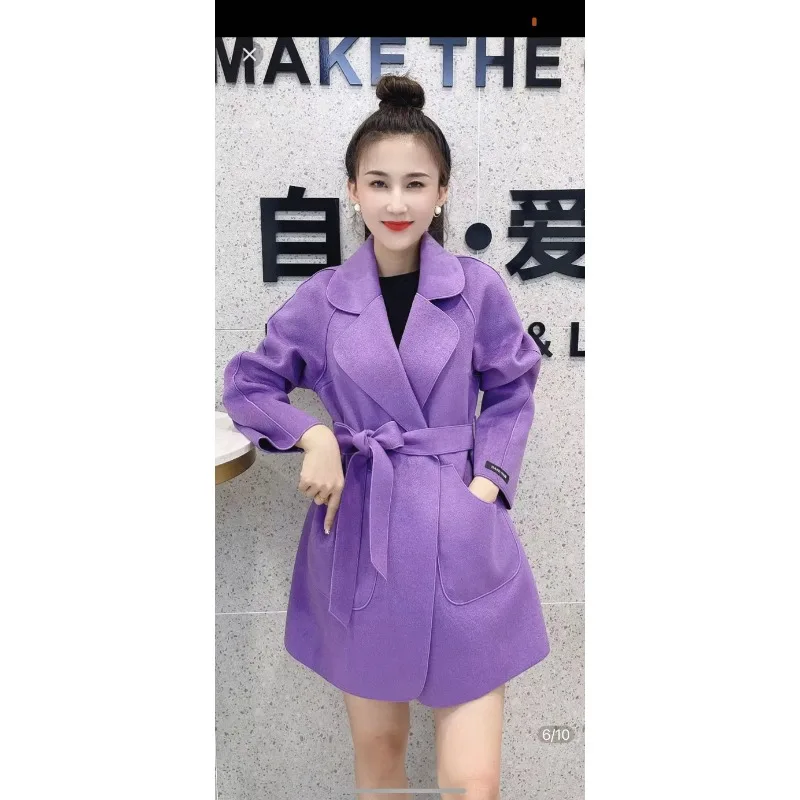 Trend Luxury Design-Forward Wool Coat Women's Trench Coat Belt Pockets Spring Autumn Tweed Jacket New Womens Fur Coat Solid