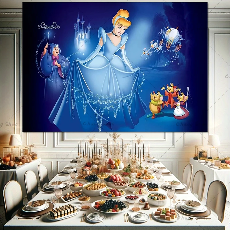 Disney Blue Dress Blonde Princess Backdrop Girls Birthday Party Decor Photo Background Cinderella Banner Baby Shower Photocall