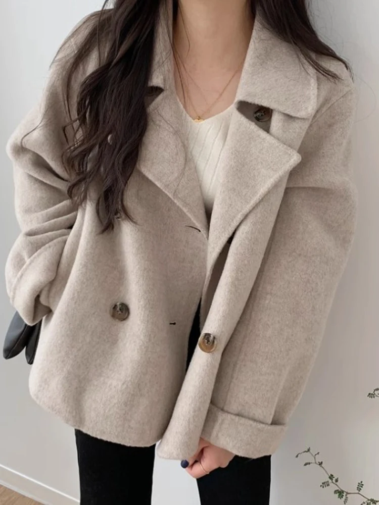 Faux Woolen Coat Women Autumn Winter Lapel Jacket Female Korean Fashion Double Breasted Outerwear Ladies Casual Loose Chic Coat