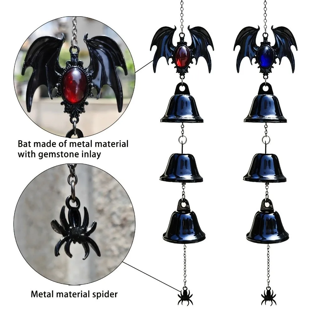 Dark Style Halloween Bat Wind Chime Vintage Funny Gothic Metal Wind Chime Fade Resistant Waterproof Bat Gemstone Pendant